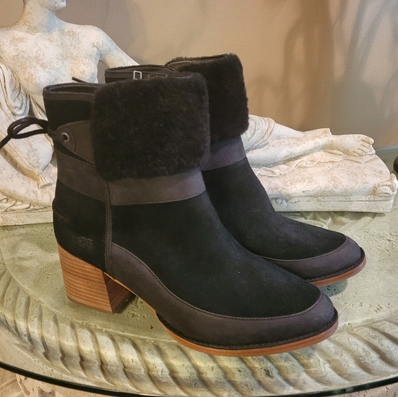 Ugg Kirke Suede Brushed Leather Shearling Stacked Heel Bootie Black Size 9 #458 - Picture 10 of 14